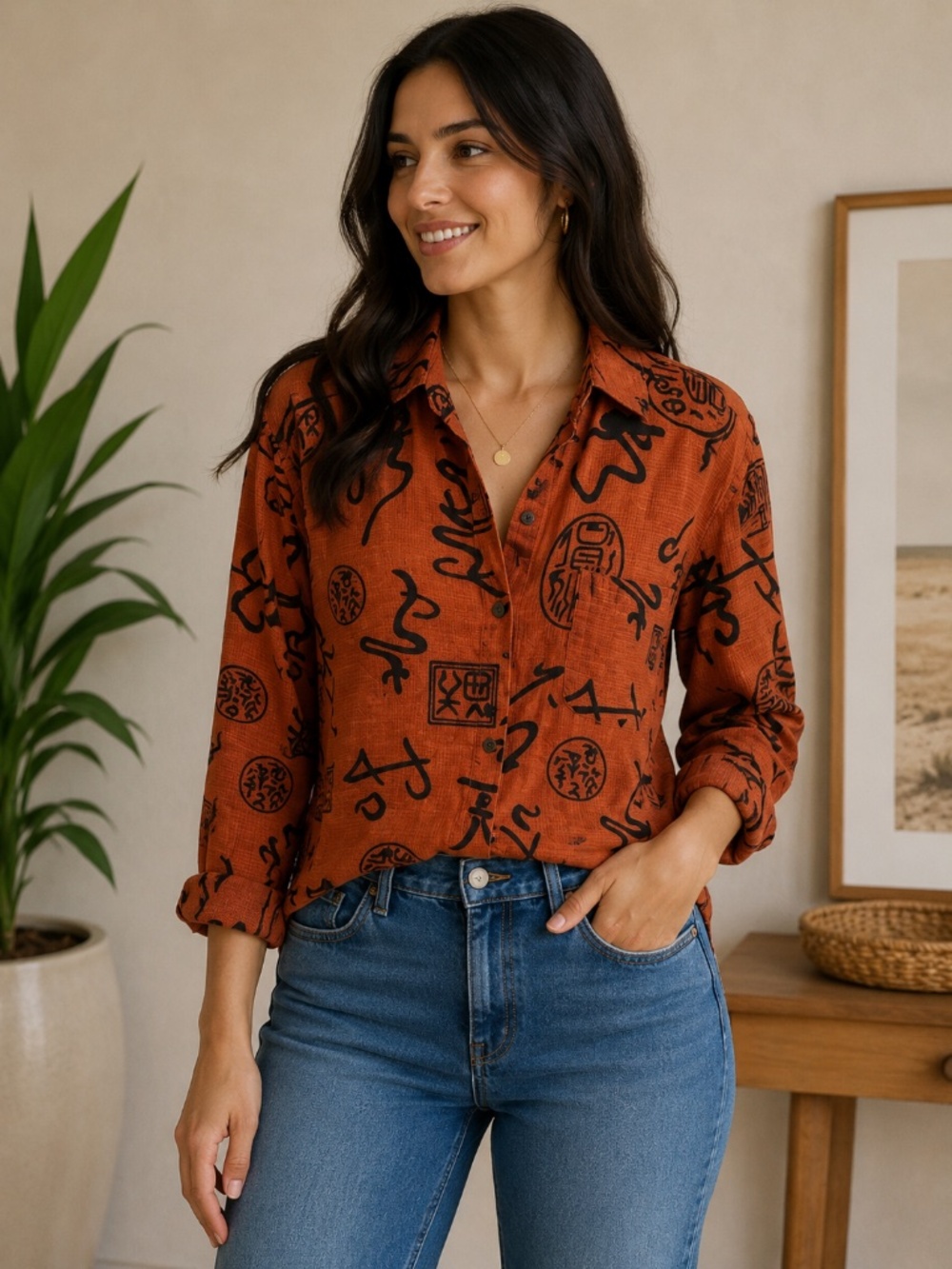 Chico's Women’s Shacket Top Rust and Black Design. 100% Linen!